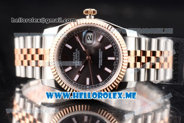 Rolex Datejust Clone Rolex 3135 Automatic Two Tone Case/Bracelet with Stick Markers and Grey Dial (BP) - Click Image to Close